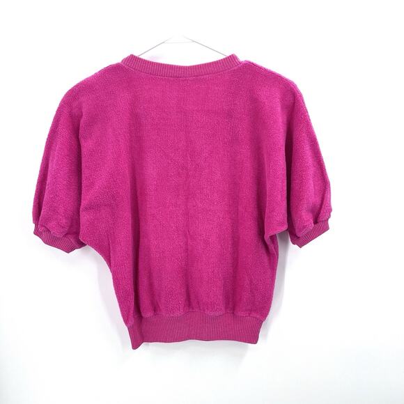 Vintage 70s Pink Terry Cloth V-Neck Cropped Short Sleeve Top Womens Medium - Picture 3 of 3